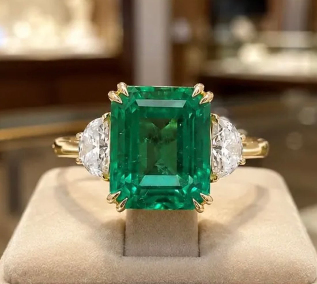 Certified 8.00 Carat Lab Grown Emerald Engagement Ring in 14K Yellow Gold Three Stone Ring |: 8.00 Carat Lab Grown Emerald Engagement Ring in 14K Yellow Gold Three Stone Ring | Luxury Promise Ring |Side Stone Lab Grown Diamonds VVS1 D Color Fancy Cut 2.00 ct - Ring Size US 7
