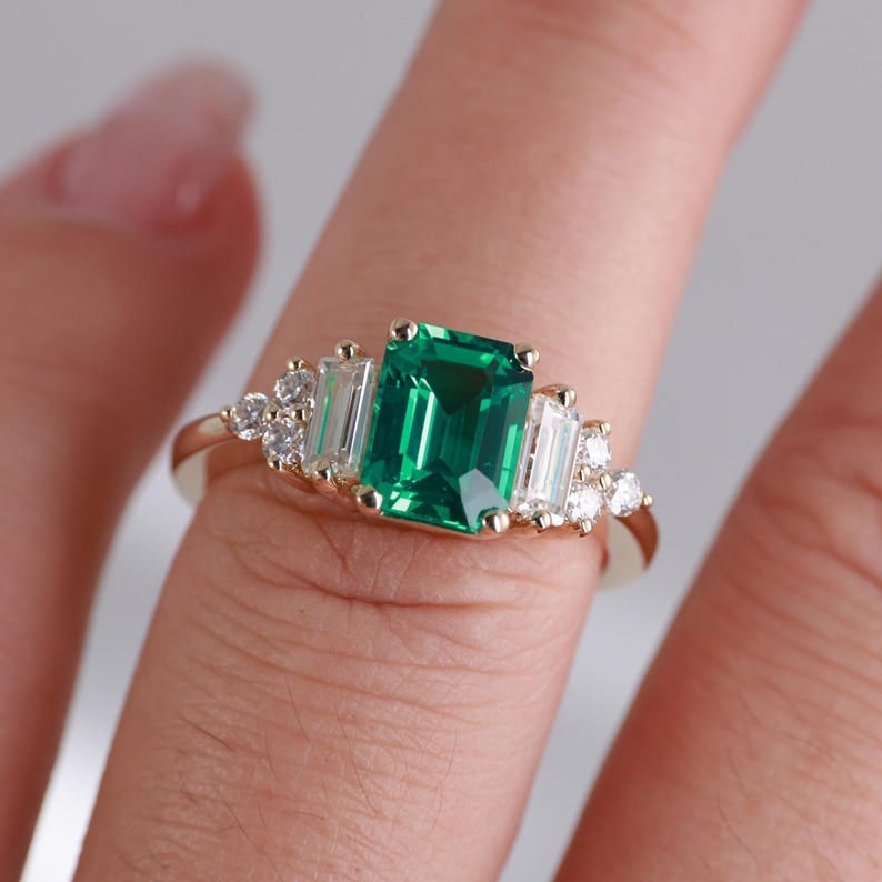 Certified 4.00 Carat Lab Grown Emerald Engagement Ring in 14K Rose Gold Ring | Pavé Diamond: 4.00 Carat Lab Grown Emerald Engagement Ring 14K Rose Gold Ring | Luxury Promise Ring |Side Stone Lab Grown Diamonds VVS1 D Color Round & Fancy Cut 1.00 ct - Ring Size US 7