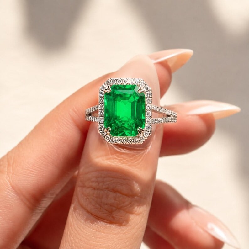 Certified 8.00 Carat Lab Grown Emerald Engagement Ring 14K Rose Gold Ring | Pavé Diamond Band: Certified 8.00 Carat Lab Grown Emerald Engagement Ring 14K Rose Gold Ring | Luxury Promise Ring |Side Stone Lab Grown Diamonds VVS1 D Color Round Cut 1.00 ct - Ring Size US 7
