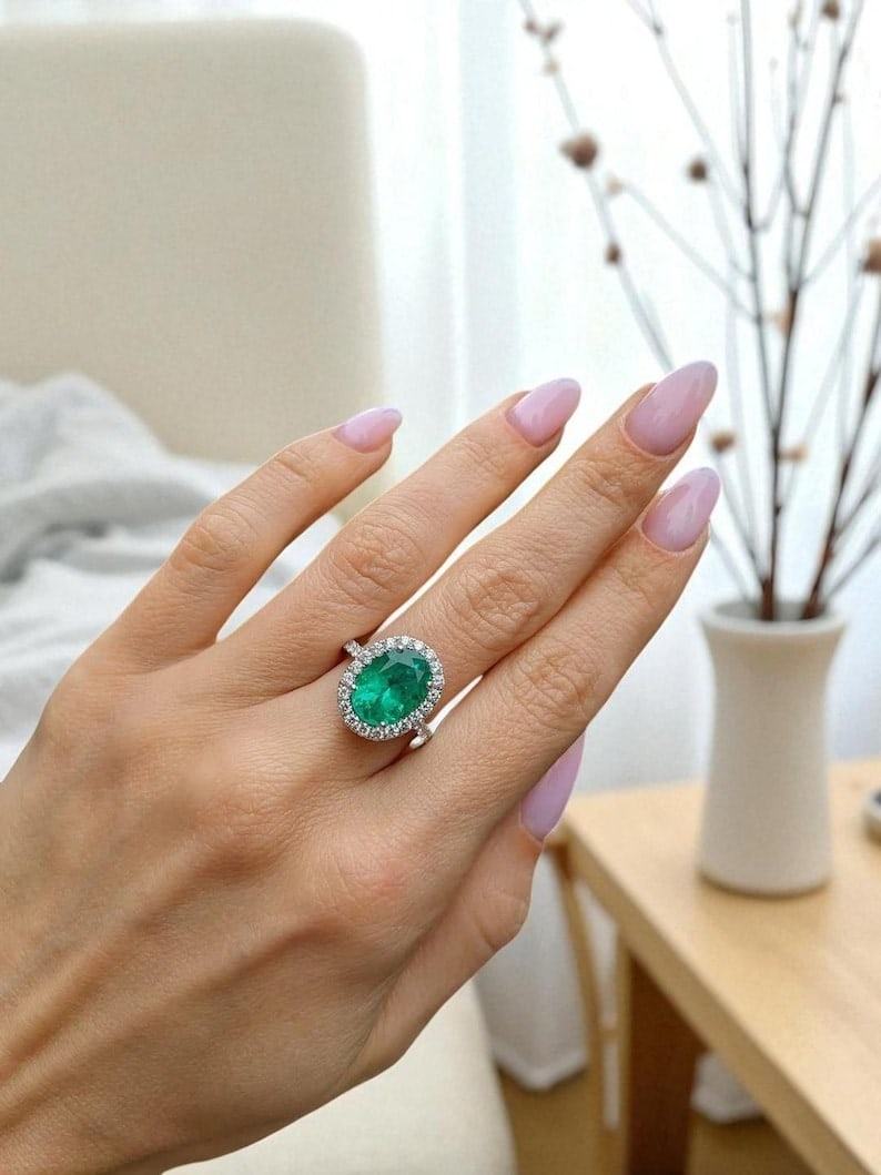 Certified 7.00 Carat Oval Cut Lab Grown Emerald Engagement Ring 14K White Gold Ring | Pavé: Certified 7.00 Carat Oval Cut Lab Grown Emerald Engagement Ring 14K White Gold Ring | Luxury Promise Ring |Side Stone Lab Grown Diamonds VVS1 D Color Round Cut 0.50 ct - Ring Size US 7