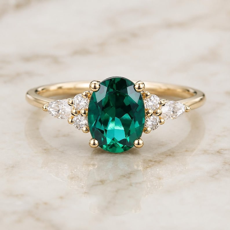 Certified 4.00 Carat Oval Cut Lab Grown Emerald Engagement Ring in 14K Yellow Gold Ring | Pavé: Certified 4.00 Carat Oval Cut Lab Grown Emerald Engagement Ring 14K Yellow Gold Ring | Luxury Promise Ring |Side Stone Lab Grown Diamonds VVS1 D Color Round & Pear Cut 0.40 ct - Ring Size US 7