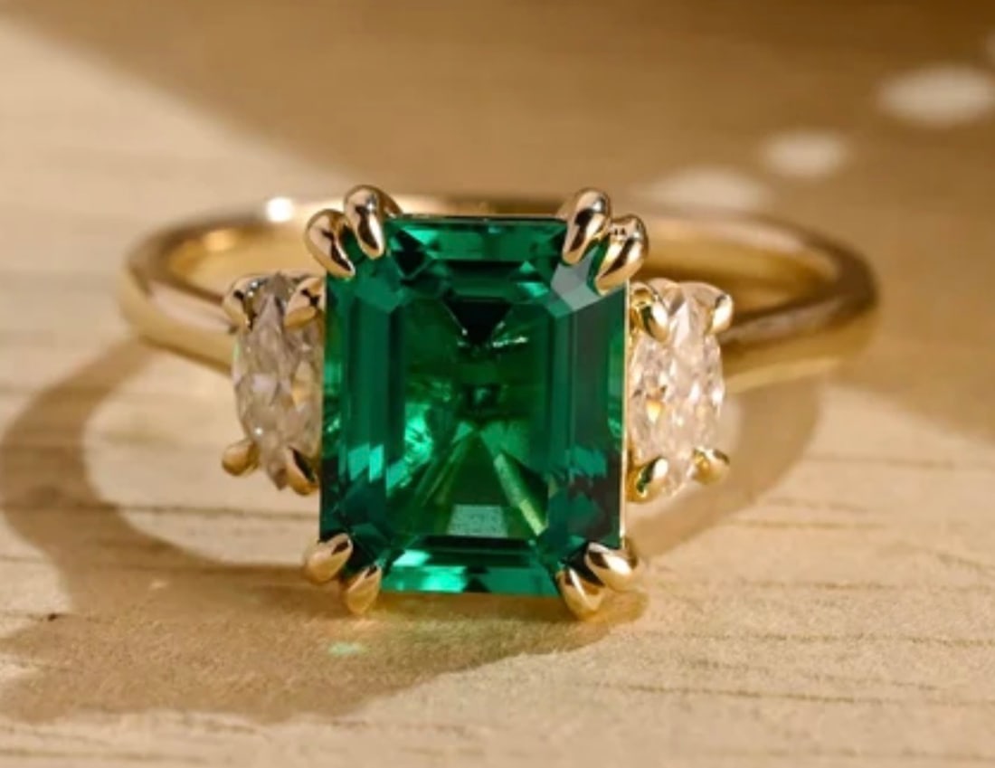Certified 5.00 Carat Lab Grown Emerald Engagement Ring in 14K Yellow Gold Three Stone Ring |: Certified 5.00 Carat Lab Grown Emerald Engagement Ring in 14K Yellow Gold Three Stone Ring | Luxury Promise Ring |Side Stone Lab Grown Diamonds VVS1 D Color Oval Cut 1.00 ct - Ring Size US 7