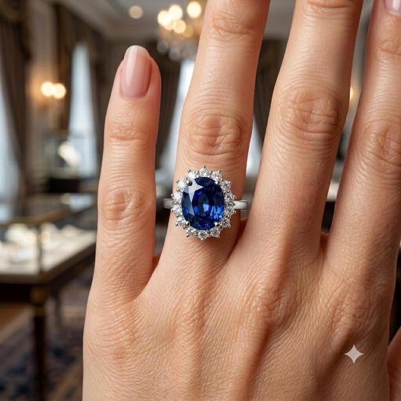 Certified 8.00 Carat Oval Cut Lab Grown Blue Sapphire Engagement Ring in 14K White Gold Ring | Pavé: Certified 8.00 Carat Oval Cut Lab Grown Blue Sapphire Engagement Ring in 14K White Gold Ring | Luxury Promise Ring |Side Stone Lab Grown Diamonds VVS1 D Color Round Cut 1.00 ct - Ring Size US 6