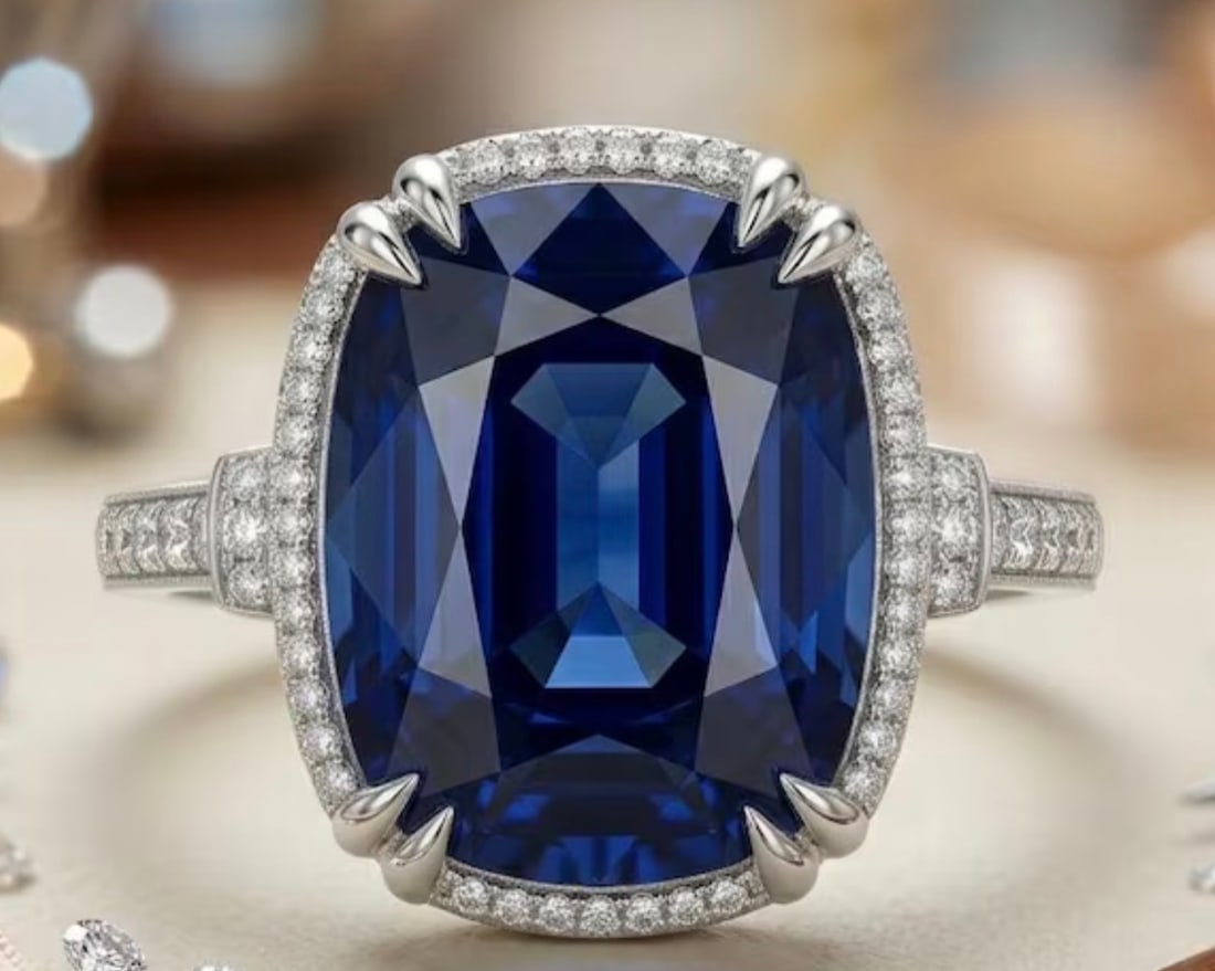 Certified 12.00 Carat Long Cushion Cut Lab Grown Blue Sapphire Engagement Ring in 14K White Gold: Certified 12.00 Carat Long Cushion Cut Lab Grown Blue Sapphire Engagement Ring in 14K White Gold Ring | Luxury Promise Ring |Side Stone Lab Grown Diamonds VVS1 D Color Round Cut 1.20 ct - Ring Size US