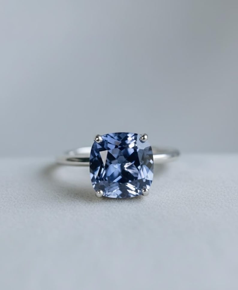 Certified 3.00 Carat Cushion Cut Lab Grown Blue Sapphire Engagement Ring in 14K White Gold Ring (1 of 5)