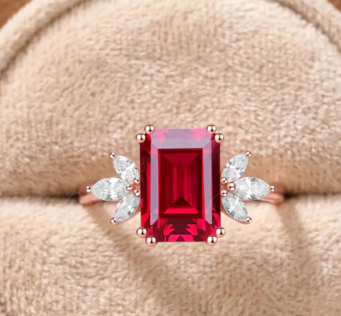 Certified 6.00 Carat Emerald Cut Lab Grown Ruby Engagement Ring in 14K Rose Gold| Luxury Promise: Certified 6.00 Carat Emerald Cut Lab Grown Ruby Engagement Ring in 14K Rose Gold| Luxury Promise Ring |Side Stone Lab Grown Diamonds VVS1 D Color Fancy Cut 1.20 ct - Ring Size US 6.5