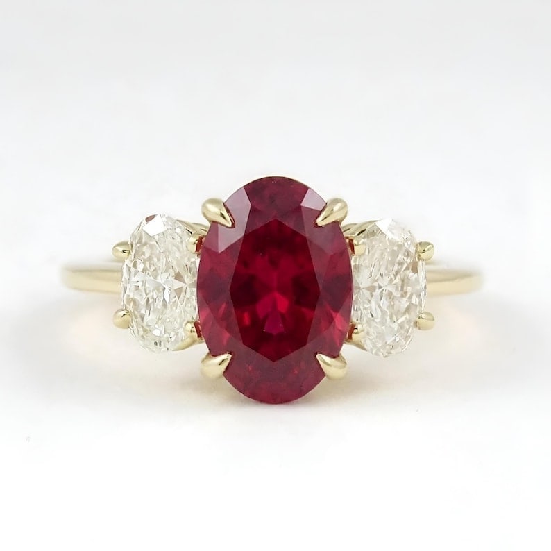 Certified 5.00 Carat Oval Cut Lab Grown Ruby Engagement Ring in 14K Yellow Gold Three Stone Ring |: Certified 5.00 Carat Oval Cut Lab Grown Ruby Engagement Ring in 14K Yellow Gold Three Stone Ring | Luxury Promise Ring |Side Stone Lab Grown Diamonds VVS1 D Color Oval Cut 3.00 ct - Ring Size US 7