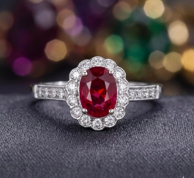 Certified 3.00 Carat Oval Cut Lab Grown Ruby Engagement Ring in 14K White Gold Ring: Certified 3.00 Carat Oval Cut Lab Grown Ruby Engagement Ring in 14K White Gold | Luxury Promise Ring |Side Stone Lab Grown Diamonds VVS1 D Color Round Cut 1.00 ct - Ring Size US 7