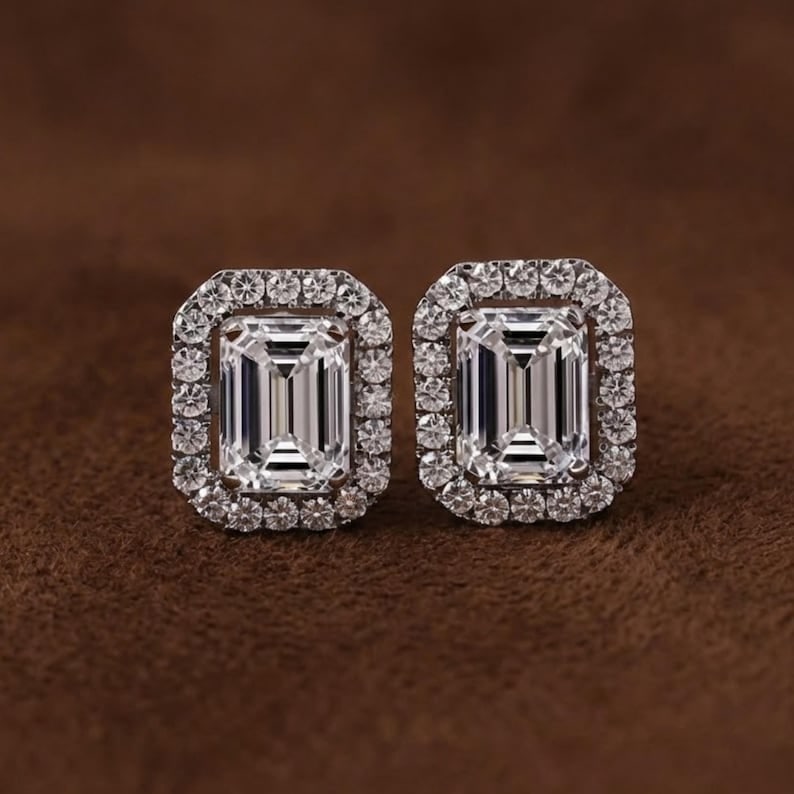 4.00 Ct Emerald Cut Certified D VVS1 Lab Grown Diamond in 14KT Solid White Gold Halo Earrings: 4.00 Ct Emerald Cut Certified D VVS1 Lab Grown Diamond in 14KT Solid White Gold Halo Earrings