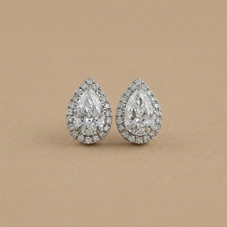 6.00 Ct Pear Cut Certified D VVS1 Lab Grown Diamond in 14KT Solid White Gold Halo Earrings: 6.00 Ct Pear Cut Certified D VVS1 Lab Grown Diamond in 14KT Solid White Gold Halo Earrings