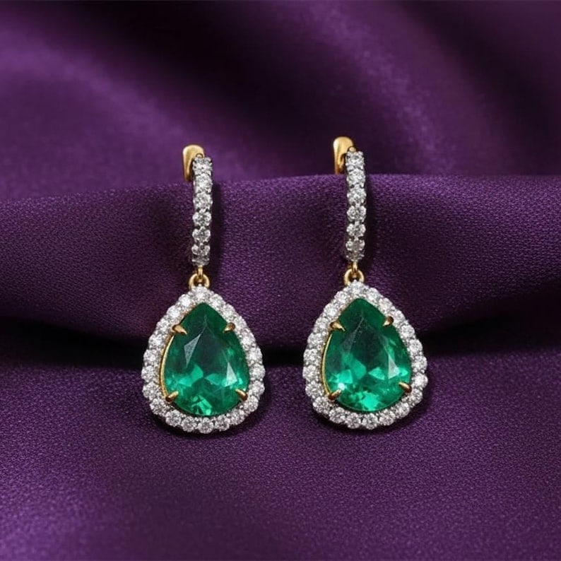 Certified 3.00 Carat Pear Cut Lab Grown Emerald 14KT Yellow Gold Drop Earrings: Certified 3.00 Carat Pear Cut Lab Grown Emerald 14KT Yellow Gold drop Earrings