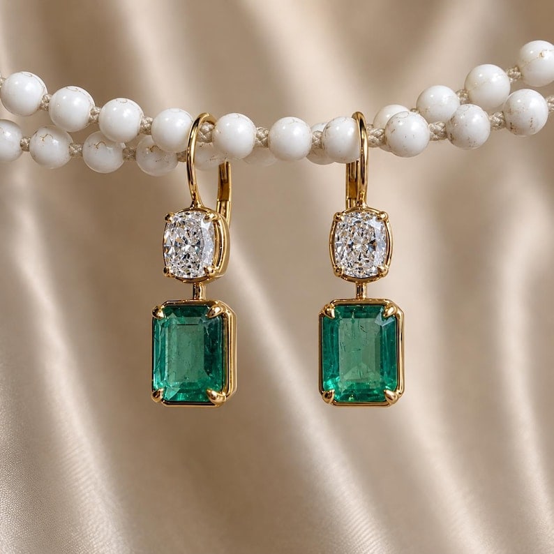 Certified 8.00 Carat Emerald Cut Lab Grown Emerald & 3.00 Carat D VVS1 Lab Grown Cushion Cut Diamond: Certified 8.00 Carat Emerald Cut Lab Grown Emerald & 3.00 Carat D VVS1 Lab Grown Cushion Cut Diamond Drop Earrings | 14K Yellow Gold Dangle Earrings | Bridal Fine Jewelry Gift