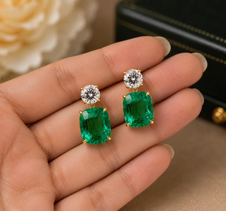 Certified 12.00 Carat Cushion Cut Lab Grown Emerald & 2.00 Carat D VVS1 Lab Grown Round Cut Diamond: Certified 12.00 Carat Cushion Cut Lab Grown Emerald & 2.00 Carat D VVS1 Lab Grown Round Cut Diamond Drop Earrings | 14K Yellow Gold Dangle Earrings | Bridal Fine Jewelry Gift