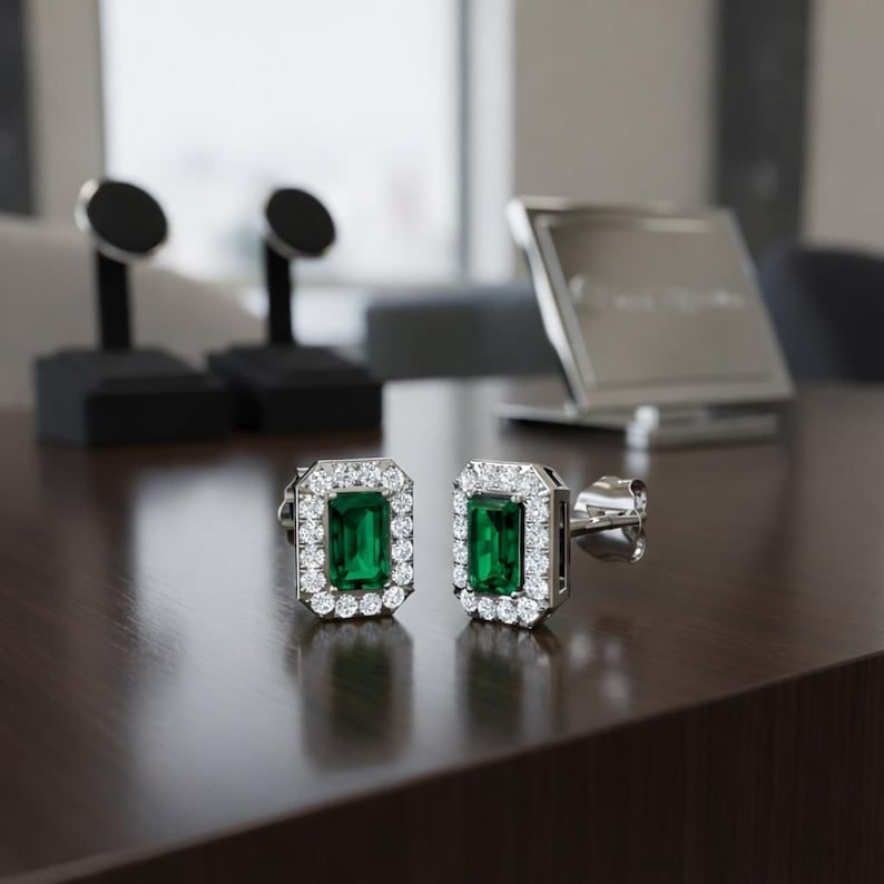 4.00 Carat Certified Lab Grown Emerald Halo Diamond Stud 14KT White Gold Earrings | Elegant Bridal: 4.00 Carat Certified Lab Grown Emerald Halo Diamond Stud 14KT White Gold Earrings | Elegant Bridal Jewelry