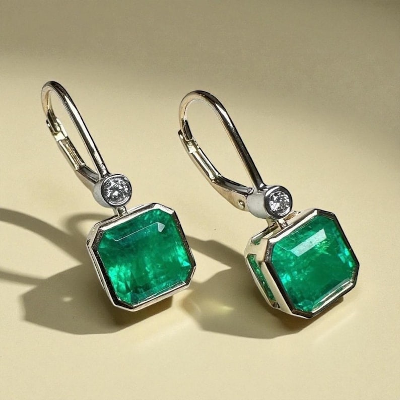 8.00 Ct Asscher Cut Certified Lab Grown Emerald in 14KT Solid White Gold Drop Earrings: 8.00 Ct Asscher Cut Certified Lab Grown Emerald in 14KT Solid White Gold Drop Earrings
