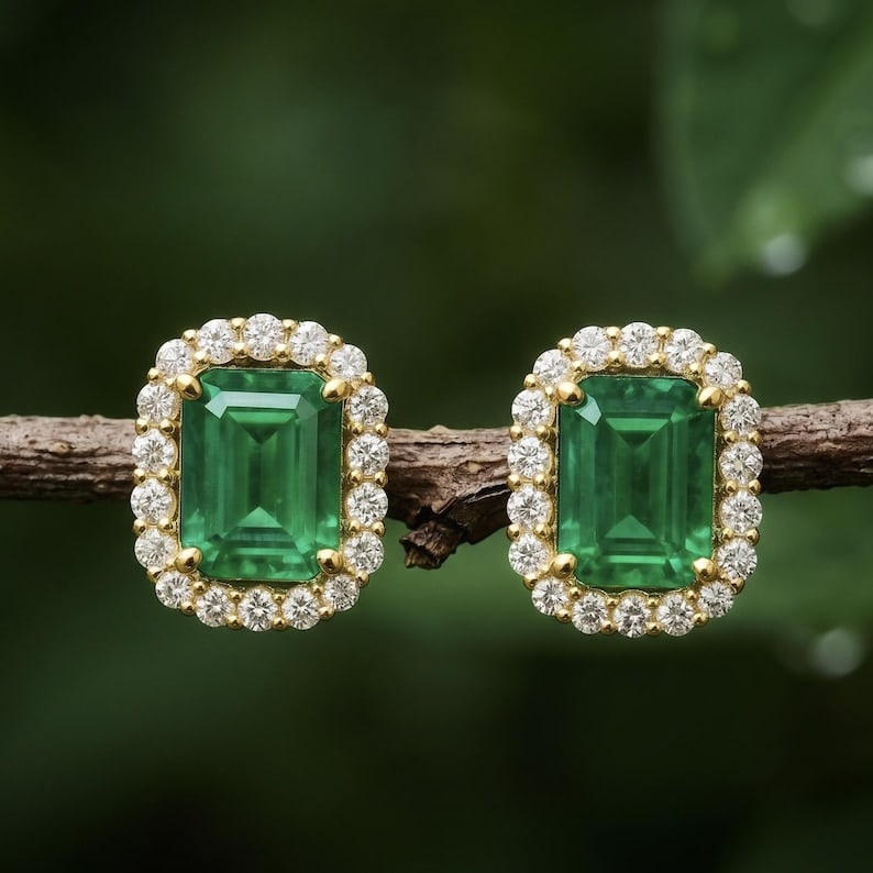 7.00 Carat Certified Lab Grown Emerald Halo Diamond Stud 14KT Yellow Gold Earrings | Elegant Bridal: 7.00 Carat Certified Lab Grown Emerald Halo Diamond Stud 14KT Yellow Gold Earrings | Elegant Bridal Jewelry