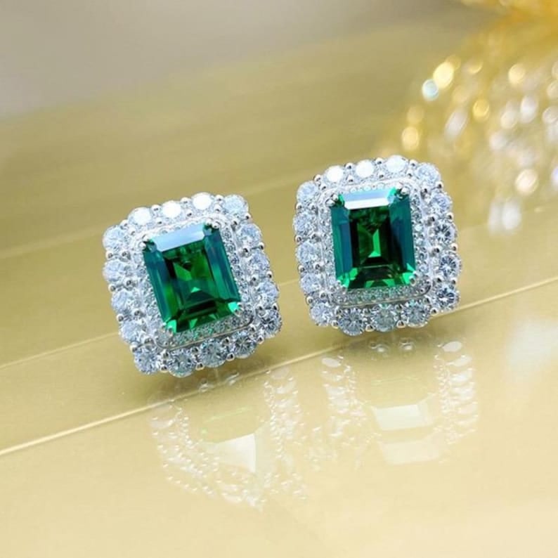 Certified 6.00 Carat Emerald Cut Lab Grown Emerald & 4.00 Carat D VVS1 Lab Grown Round Cut Diamond: Certified 6.00 Carat Emerald Cut Lab Grown Emerald & 4.00 Carat D VVS1 Lab Grown Round Cut Diamond Halo Earrings | 14K White Gold Halo Earrings | Bridal Fine Jewelry Gift
