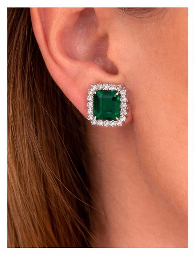 14.00 Ct Asscher Cut Certified Lab Grown Emerald in 14KT Solid White Gold Halo Earrings: 14.00 Ct Asscher Cut Certified Lab Grown Emerald in 14KT Solid White Gold Halo Earrings