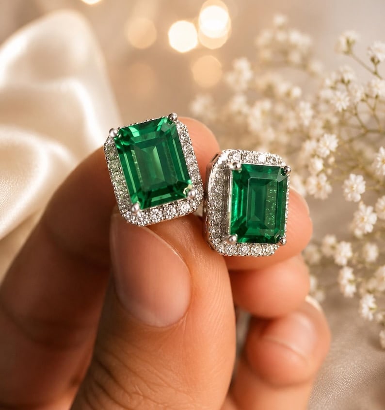 10.00 Ct Emerald Cut Certified Lab Grown Emerald in 14KT Solid White Gold Halo Earrings: 10.00 Ct Emerald Cut Certified Lab Grown Emerald in 14KT Solid White Gold Halo Earrings