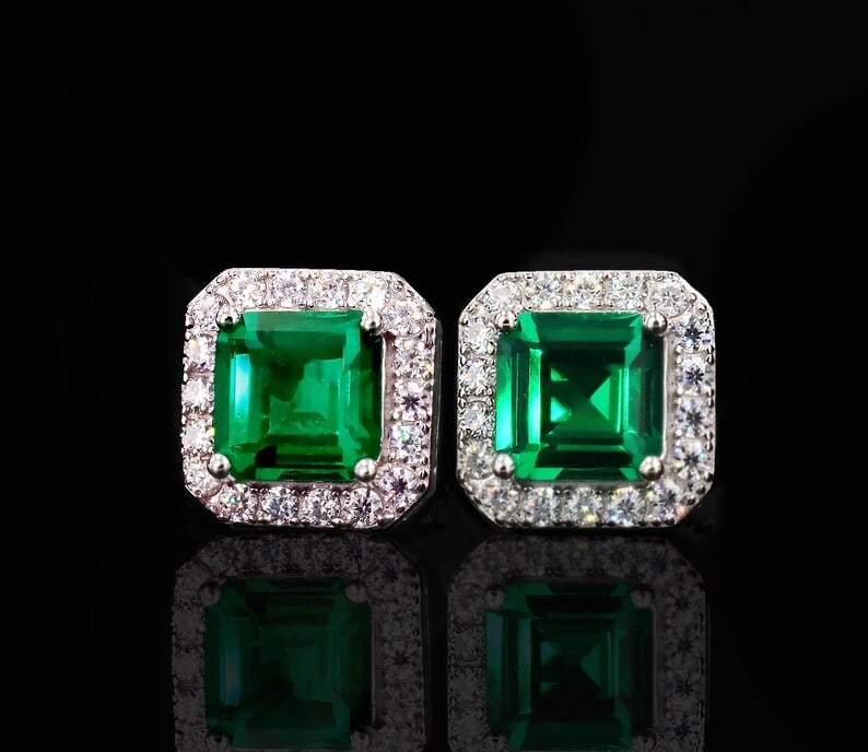 5.00 Ct Asscher Cut Certified Lab Grown Emerald in 14KT Solid White Gold Halo Earrings: 5.00 Ct Asscher Cut Certified Lab Grown Emerald in 14KT Solid White Gold Halo Earrings