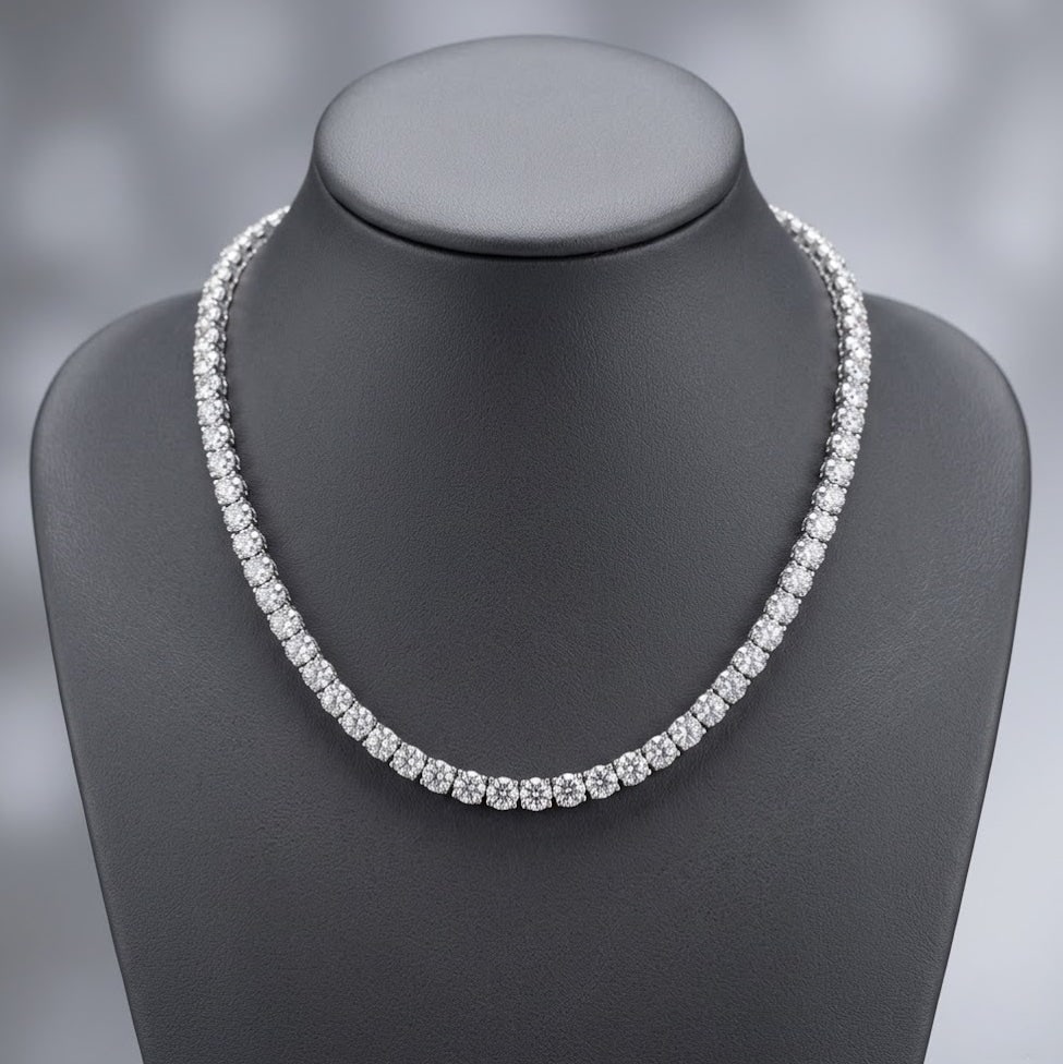 15.00 Carat Round Cut Certified Lab Grown Diamond 14KT White Gold Tennis Necklace | Round Brilliant: 15.00 Carat Round Cut Certified Lab Grown Diamond 14KT White Gold Tennis Necklace | Round Brilliant Diamond Necklace | 14K Gold Luxury Statement Jewelry 16 Inch