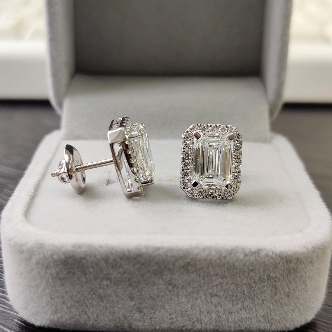 6.00 Carat Emerald Cut Certified D VVS1 Lab Grown Diamond 14KT White Gold Halo Earrings: 6.00 Carat Emerald Cut Certified D VVS1 Lab Grown Diamond 14KT White Gold Halo Earrings