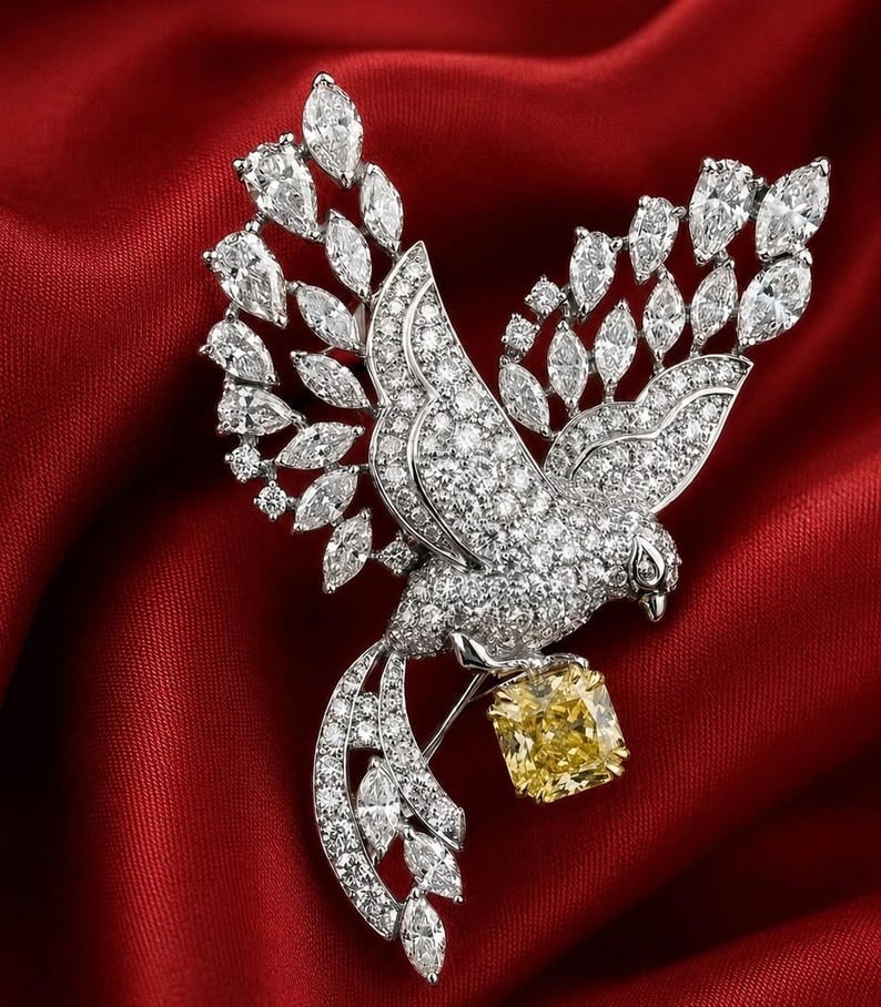 Certified 8.00 Carat Yellow & White Lab Grown Diamond 14KT White Gold Brooch: Certified 8.00 Carat Yellow Cushion Cut Lab Grown Diamond & 12.00 Carat D VVS1 Lab Grown Diamond 14K White Gold Brooch