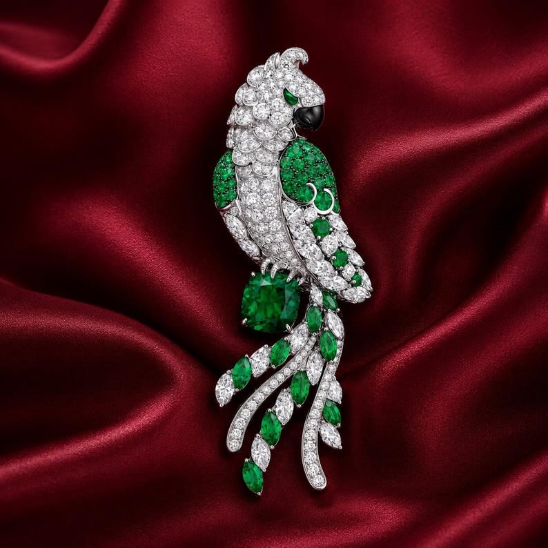 Certified 12.00 Carat Green & White Lab Grown Diamond 14KT White Gold Brooch: Certified 6.00 Carat Green Lab Grown Emerald & 6.00 Carat D VVS1 Lab Grown Diamond 14K White Gold Brooch