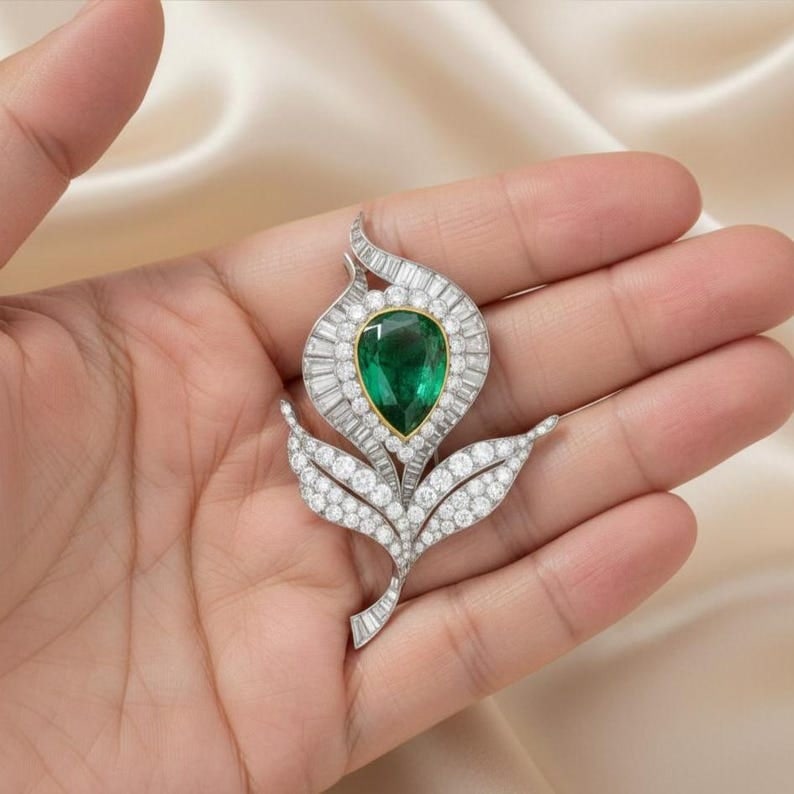 Certified 14.00 Carat Green & White Lab Grown Diamond 14KT White Gold Brooch: Certified 10.00 Carat Green Lab Grown Emerald & 4.00 Carat D VVS1 Lab Grown Diamond 14K White Gold Brooch