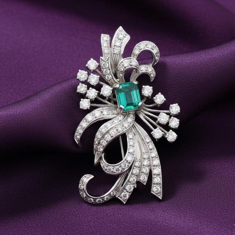 Certified 11.00 Carat Green & White Lab Grown Diamond 14KT White Gold Brooch: Certified 5.00 Carat Green Lab Grown Emerald & 6.00 Carat D VVS1 Lab Grown Diamond 14K White Gold Brooch