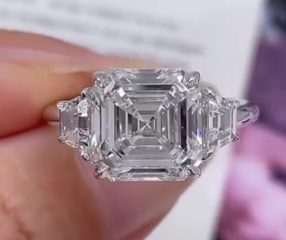 Certificted 5.00 Carat Asscher Cut D VVS1 Lab Grown Diamond 14k White Gold Three Stone Ring: Certificted 5.00 Carat Asscher Cut D VVS1 Lab Grown Diamond 14k White Gold Three Stone Ring| Side Stone Lab Grown Diamonds VVS1 D Color Fancy Cut 1.00 ct - Ring Size US 7