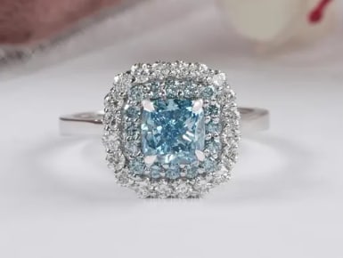 Certificted 2.5 Carat Blue Cushion Cut Lab Grown Diamond 14k White Gold Halo Engagment Ring: Certificted 2.5 Carat Blue Cushion Cut Lab Grown Diamond 14k White Gold Halo Engagment Ring | Side Stone Lab Grown Diamonds VVS1 D Color Round Cut 0.40 ct - Ring Size US 6