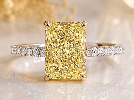 Certificted 6.00 Carat Radiant Cut Yellow Lab Grown Diamond 14k White Gold Engagment Ring: Certificted 6.00 Carat Radiant Cut Yellow Lab Grown Diamond 14k White Gold Engagment Ring |Side Stone Lab Grown Diamonds VVS1 D Color Round Cut 0.40 ct - Ring Size US 7.5