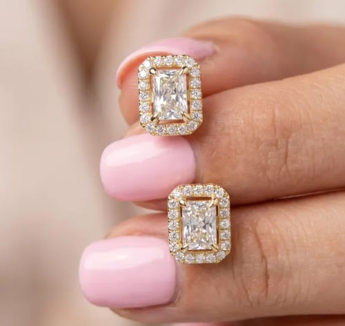 Certificted 8.00 Carat D VVS1 Radiant Cut Lab Grown Diamond 14k Rose Gold Halo Earrings: Certificted 8.00 Carat D VVS1 Radiant Cut Lab Grown Diamond 14k Rose Gold Halo Earrings |Side Stone Lab Grown Diamonds VVS1 D Color Round Cut 0.80 ct