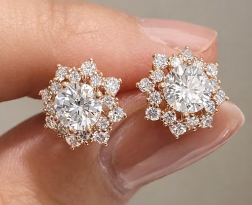 Certificted 3.00 Carat D VVS1 Round Cut Lab Grown Diamond 14k Rose Gold Flower Halo Stud Earrings: Certificted 3.00 Carat D VVS1 Round Cut Lab Grown Diamond 14k Rose Gold Flower Halo Stud Earrings |Side Stone Lab Grown Diamonds VVS1 D Color Round Cut 0.30 ct