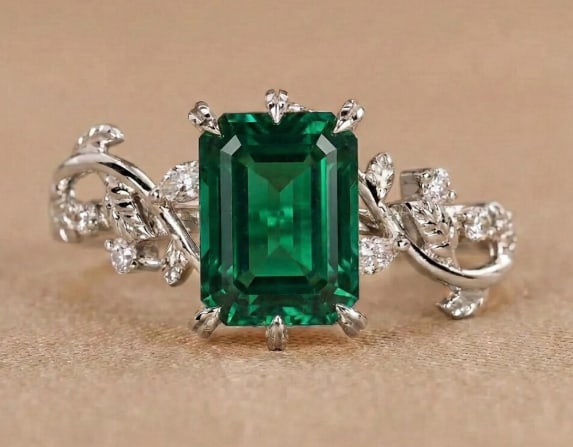 Certified 8.00 Carat Lab Grown Emerald & Lab Grown Diamond Ring in 14K Solid White Gold: Certified 8.00 Carat Lab Grown Emerald & Lab Grown Diamond Ring in 14K Solid White Gold|Side Stone Lab Grown Diamonds VVS1 D Color Fancy Cut 0.40 ct|Ring size US - 7