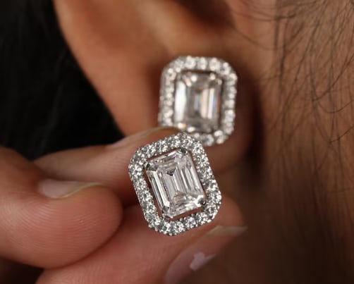 Certificted 4.00 Carat D VVS1 Emerald Cut Lab Grown Diamond 14k White Gold Halo Stud Earrings: Certificted 4.00 Carat D VVS1 Emerald Cut Lab Grown Diamond 14k White Gold Halo Stud Earrings|Side Stone Lab Grown Diamonds VVS1 D Color Round Cut 0.60 ct