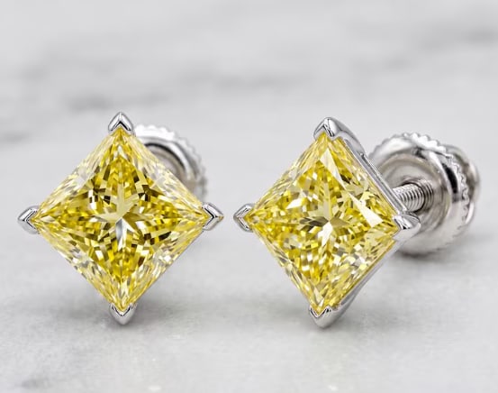 Certificted 3.00 Carat Princess Cut Yellow Lab Grown Diamond 14k White Gold Earrings: Certificted 3.00 Carat Princess Cut Yellow Lab Grown Diamond 14k White Gold Earrings