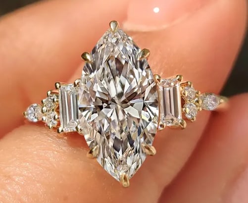 Certificted 3.50 Carat D VVS1 Marquise Cut Lab Grown Diamond 14k Yellow Gold Engagment Ring: Certificted 3.50 Carat D VVS1 Marquise Cut Lab Grown Diamond 14k Yellow Gold Engagment Ring|Side Stone Lab Grown Diamonds VVS1 D Color Fancy Cut 1.00 ct Ring Size US - 7
