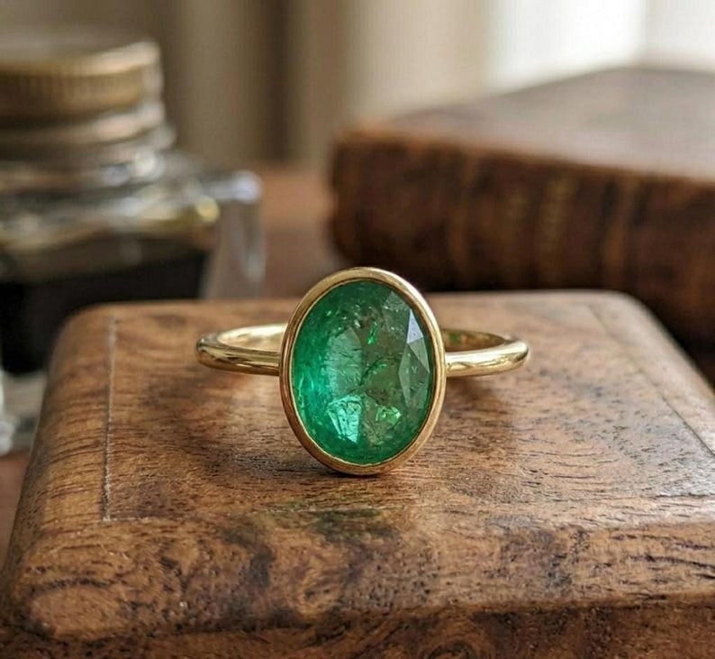 4.15 Carat Natural Emerald Oval Cut Certified Engagement Ring in 14K Solid Yellow Gold: 4.15 Carat Natural Emerald Oval Cut Certified Engagement Ring in 14K Solid Yellow Gold - Bezel setting ring- Ring Size US 7