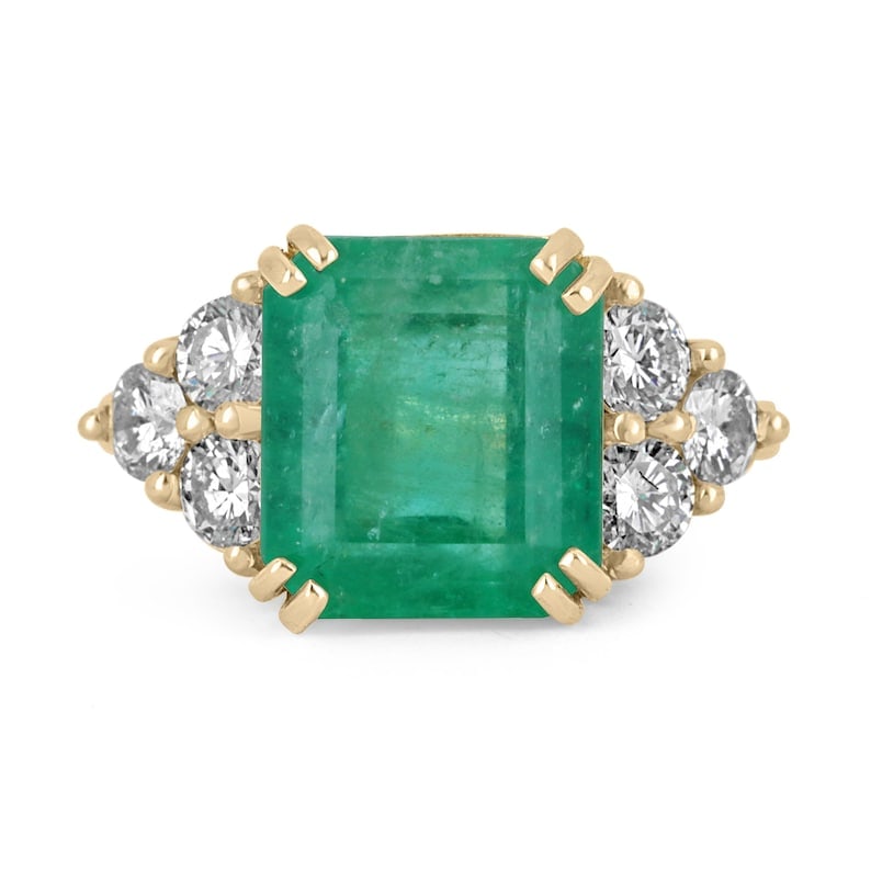 6.65 Carat Natural Emerald Certified Engagement Ring in 14K Solid Yellow Gold: Zambian Emerald 6.65 Carat Emerald Cut Natural Green Emerald Certified Engagement Ring in 14K Solid Yellow Gold - Side Stone Round Cut VS1 H COLOR 0.50 ct - Ring Size US 6.5