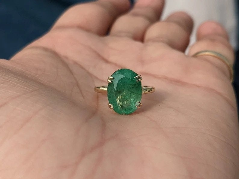 4.50 Carat Oval Cut Natural Emerald Certified Engagement Ring in 14K Solid Yellow Gold: Zambian Emerald - 4.50 Carat Oval Cut Natural Emerald Certified Engagement Ring in 14K Solid Yellow Gold - Ring Size US 6
