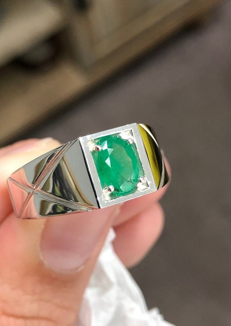 4.48 Carat Oval Cut Natural Emerald Certified Engagement Ring in 14K Solid White Gold: Zambian Emerald 4.48 Carat Natural Emerald Certified Engagement Ring in 14K Solid White Gold - Ring Size US 8