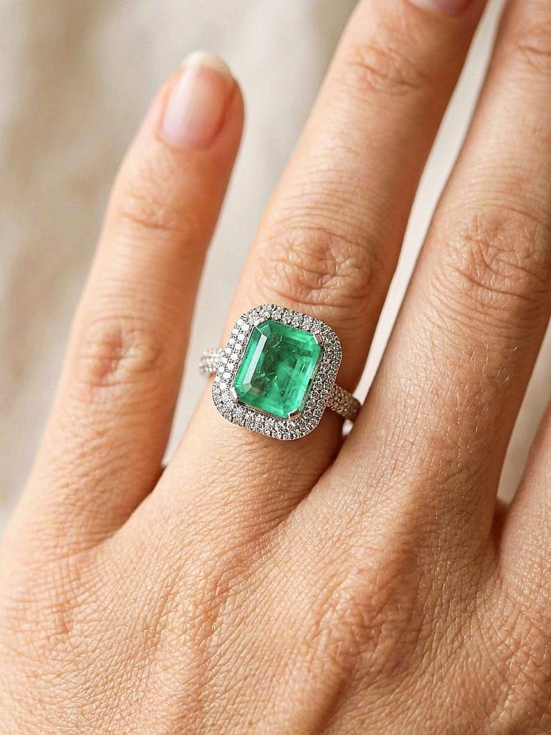 4.00 Carat Natural Emerald Certified Engagement Ring in 14K Solid White Gold: Zambian Emerald 4.00 Carat Emerald Cut Natural Emerald Certified Engagement Ring in 14K Solid White Gold - Side Stone Real Diamonds Round Cut VS1 H COLOR 0.50 ct - Ring Size US 6.5