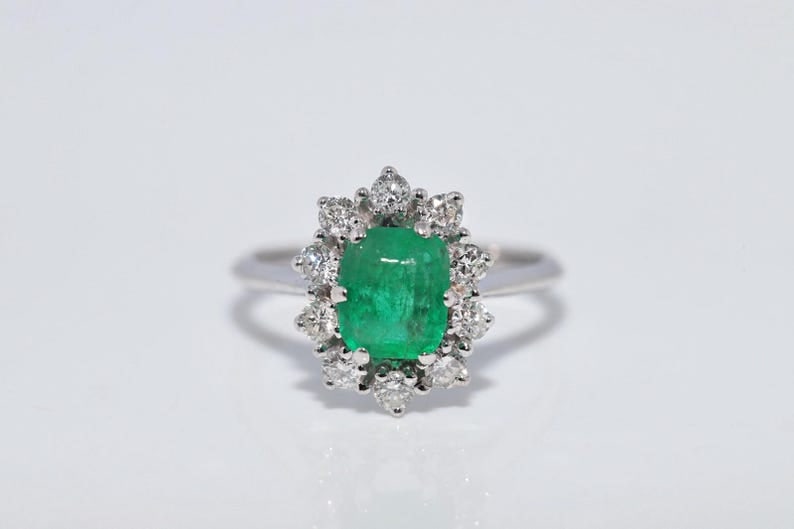5.17 Carat Cushion Cut Natural Emerald Certified Engagement Ring in 14K Solid White Gold: Zambian Emerald 5.17 Carat Cushion Cut Natural Emerald Certified Engagement Ring in 14K Solid White Gold - Side Stone Real Diamonds Round Cut VS1 H COLOR 0.60 ct - Ring Size US 6