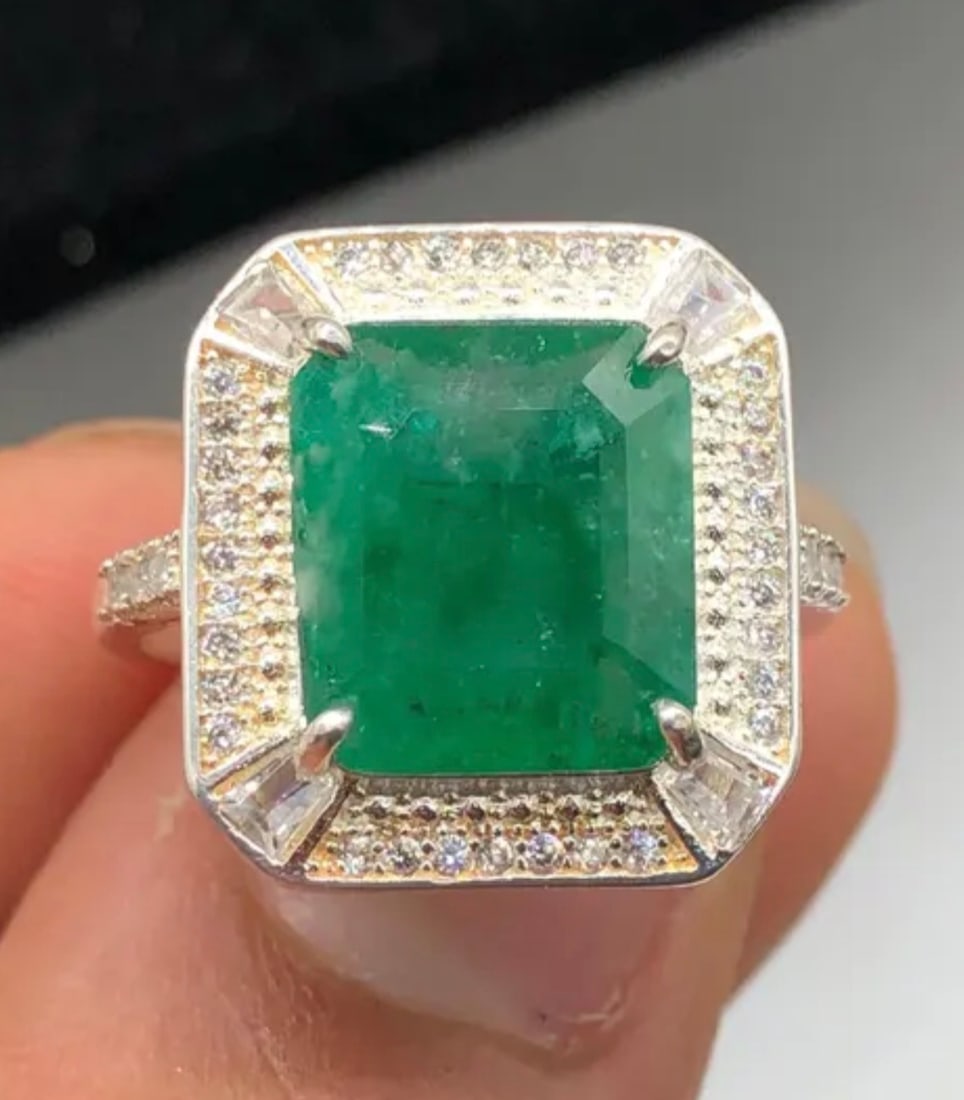 13.50 Carat Emerald Cut Natural Emerald Certified Engagement Ring in 14K Solid White Gold: Zambian Emerald 13.50 Carat Emerald Cut Natural Emerald Certified Engagement Ring in 14K Solid White Gold - Side Stone Real Diamonds Round Cut VS1 H COLOR 0.50 ct - Ring Size US 7