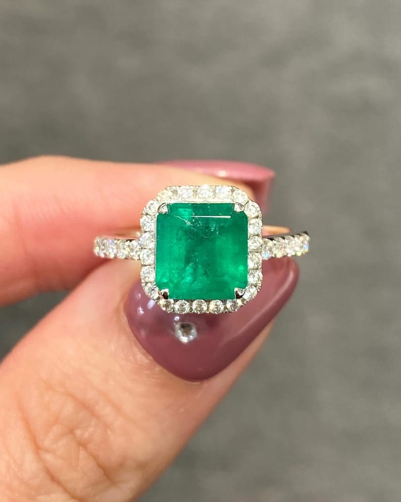 4.00 Carat Square Cut Natural Emerald Certified Engagement Ring in 14K Solid White Gold: Zambian Emerald 4.00 Carat Square Cut Natural Emerald Certified Engagement Ring in 14K Solid White Gold - Side Stone Real Diamonds Round Cut VS1 H COLOR 0.40 ct - Ring Size US 7