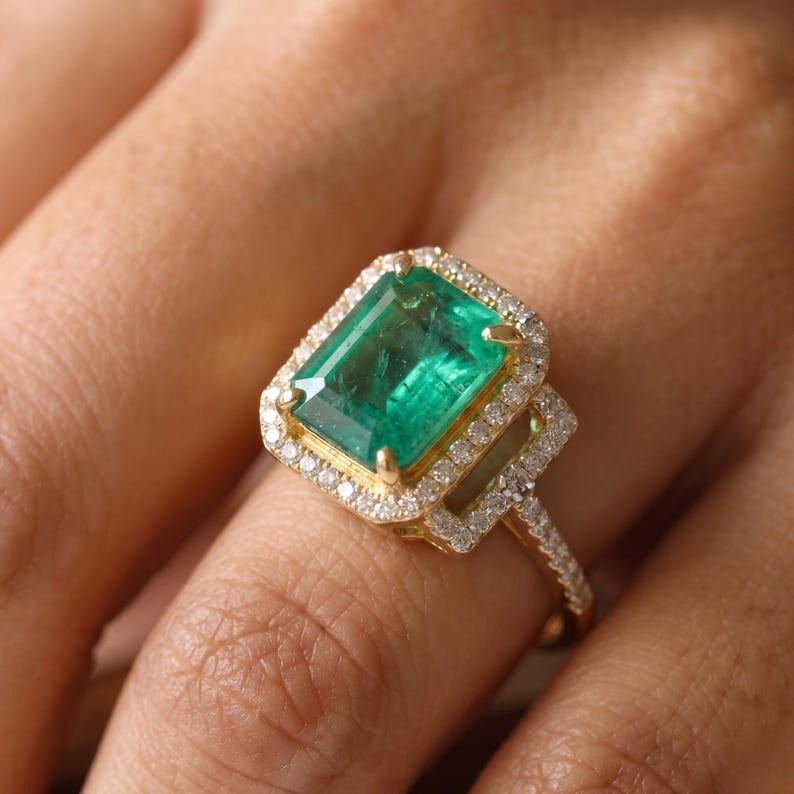 5.50 Carat Emerald Cut Natural Emerald Certified Engagement Ring in 14K Solid Yellow Gold: Zambian Emerald 5.50 Carat Emerald Cut Natural Emerald Certified Engagement Ring in 14K Solid Yellow Gold - Side Stone Real Diamonds Round Cut VS1 H COLOR 0.50 ct - Ring Size US 7