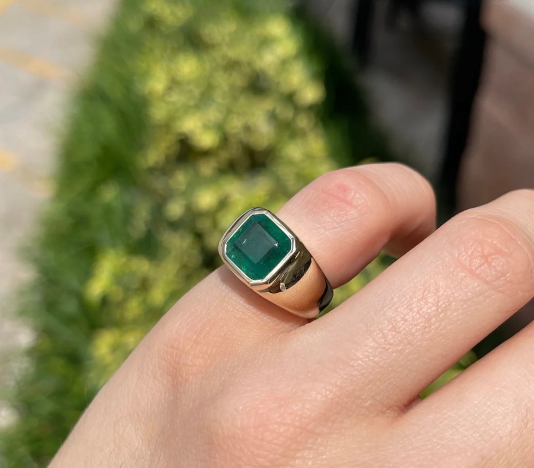 5.25 Carat Square Cut Natural Emerald Certified Engagement Ring in 14K Solid Yellow Gold: Zambian Emerald 5.25 Carat Square Cut Natural Emerald Certified Engagement Ring in 14K Solid Yellow Gold - Ring Size US 8