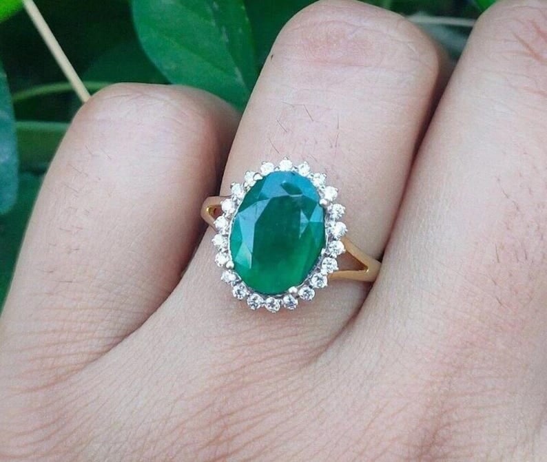 5.50 Carat Oval Cut Natural Emerald Certified Engagement Ring in 14K Solid Yellow Gold: Zambian Emerald 5.50 Carat Oval Cut Natural Emerald Certified Engagement Ring in 14K Solid Yellow Gold - Side Stone Real Diamonds Round Cut VS1 H COLOR 0.30 ct - Ring Size US 6